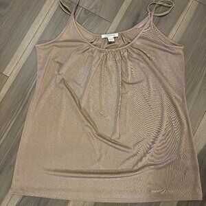 Boston Proper Women's Gold Shimmer Spaghetti Strap Camisole Top w/ Pleated Neck